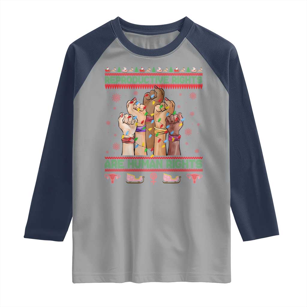 Ugly Christmas Feminist Raccoon Gift Raglan Shirt Reproductive Rights Are Human Rights TS12 Sport Gray Navy Print Your Wear