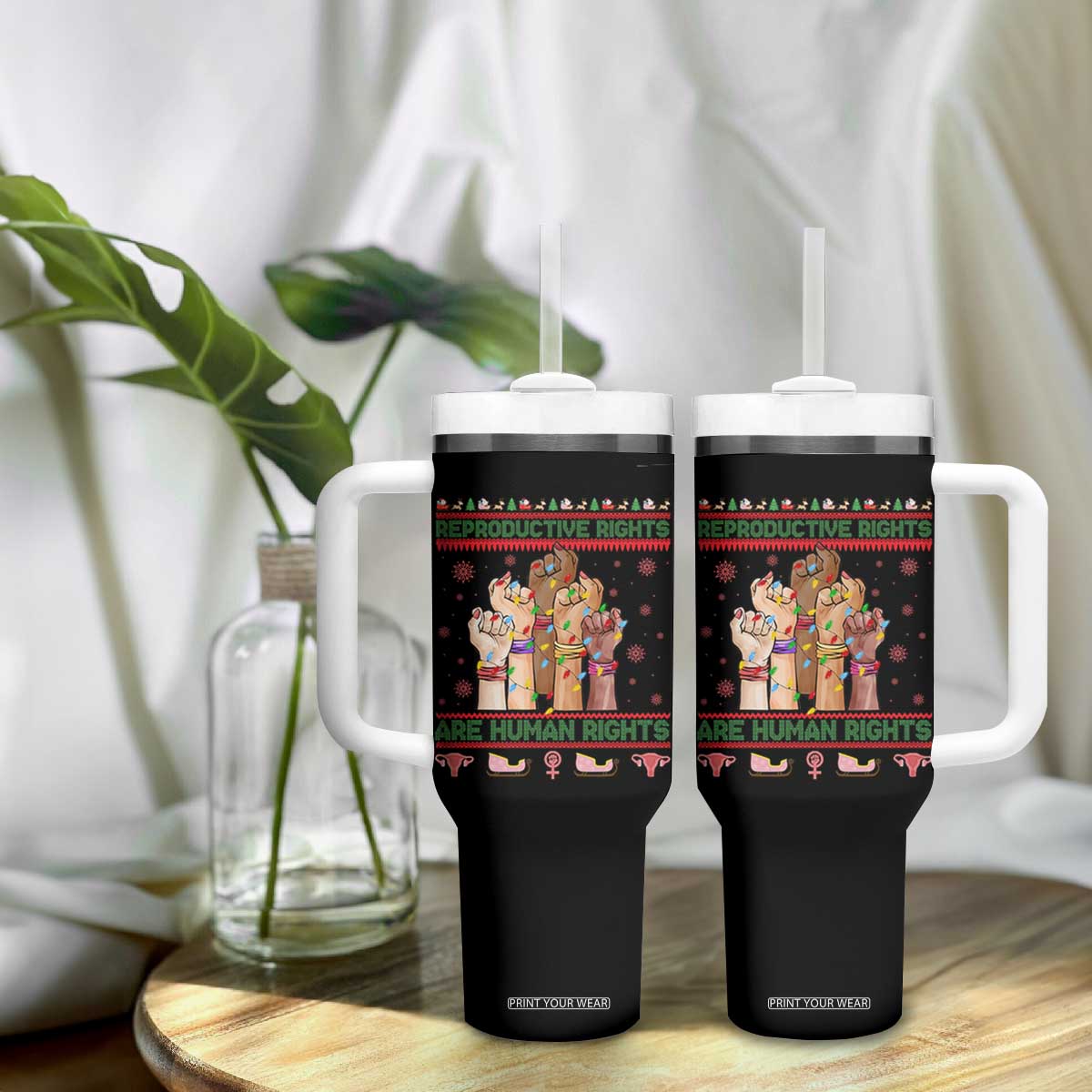Ugly Christmas Feminist Raccoon Gift Tumbler With Handle Reproductive Rights Are Human Rights TS12 Print Your Wear