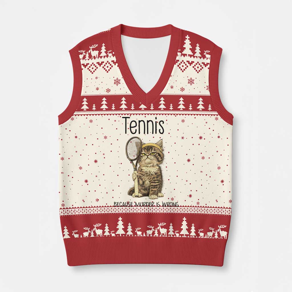 Funny Cat Plays Tennis V-Neck Knit Sweater Vest Because Murder Is Wrong TS12 Beige Red Print Your Wear
