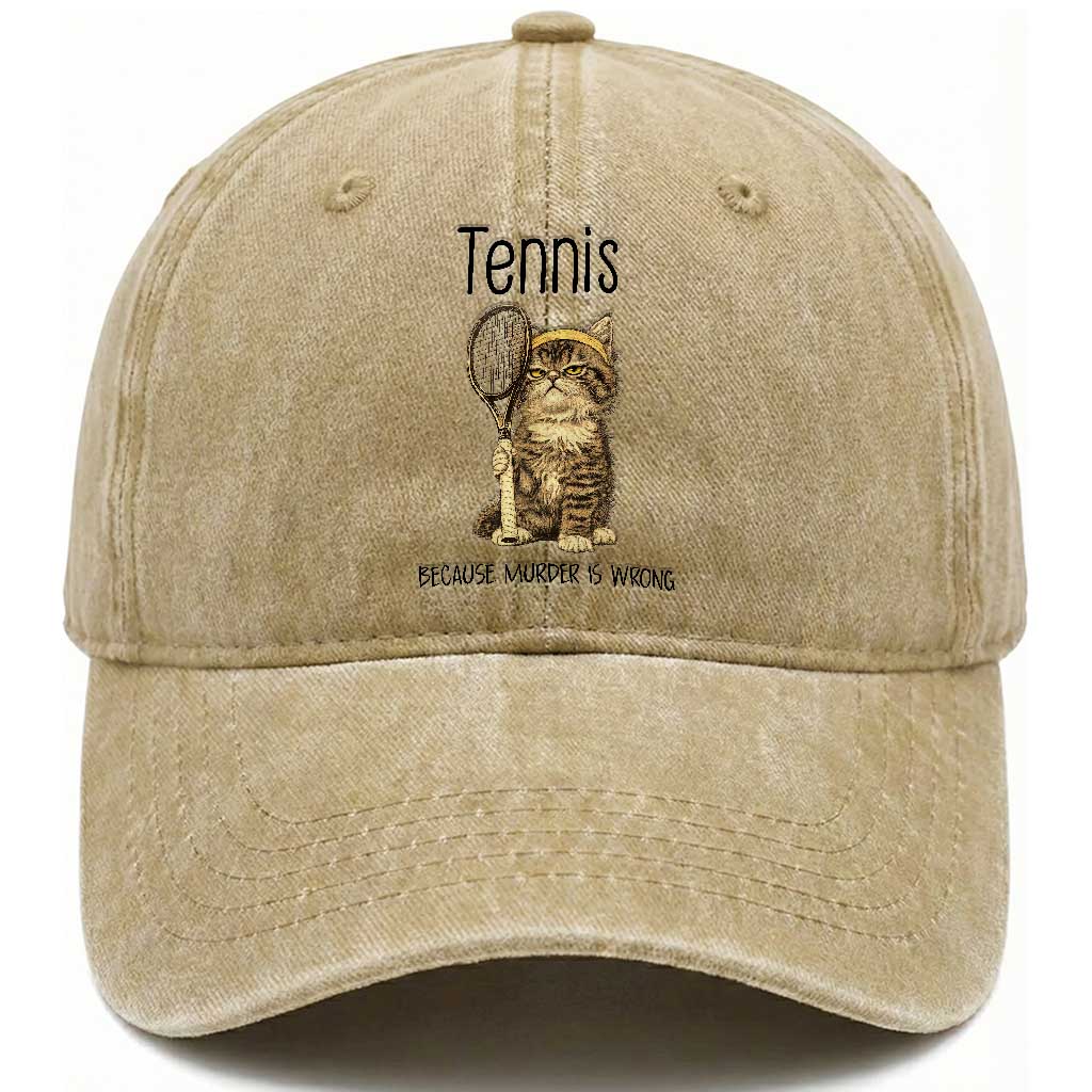 Funny Cat Plays Tennis Washed Cotton Baseball Cap Because Murder Is Wrong TS12 Print Your Wear