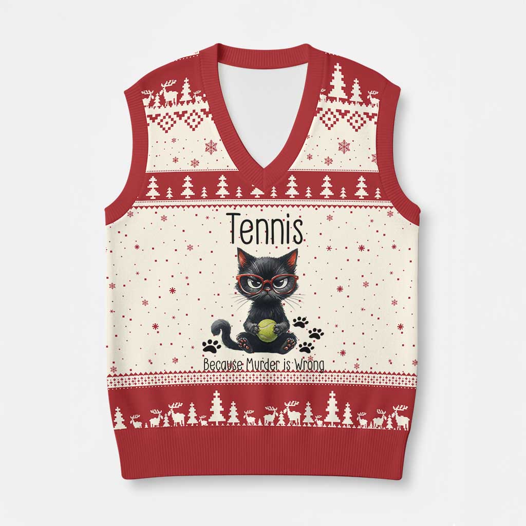 Funny Tennis Cat Gift V-Neck Knit Sweater Vest Because Murder Is Wrong TS12 Beige Red Print Your Wear