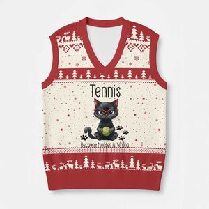 Funny Tennis Cat Gift V-Neck Knit Sweater Vest Because Murder Is Wrong TS12 Beige Red Print Your Wear