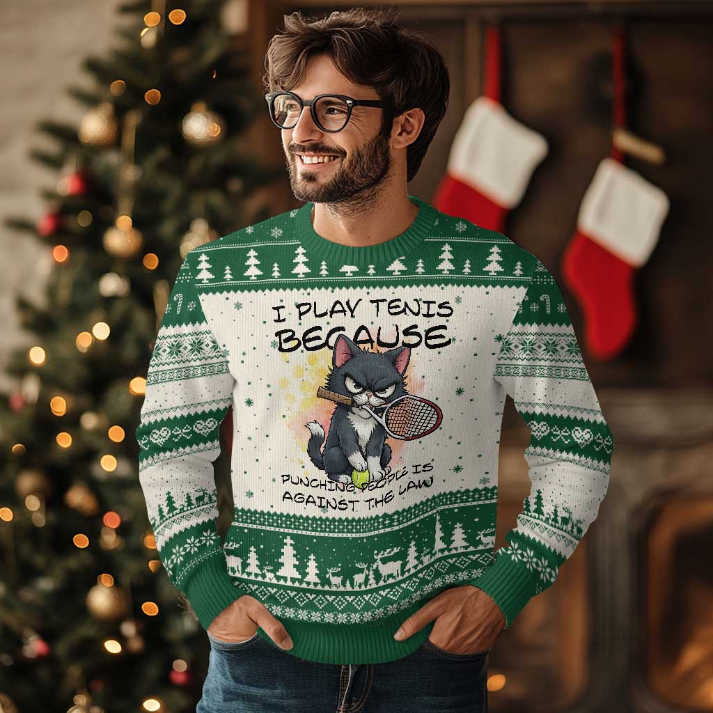 Funny Cat Plays Tennis Ugly Christmas Sweater Because Punching People Is Against The Law TS12 Beige Green Print Your Wear