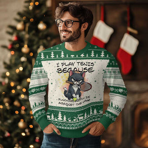 Funny Cat Plays Tennis Ugly Christmas Sweater Because Punching People Is Against The Law TS12 Beige Green Print Your Wear