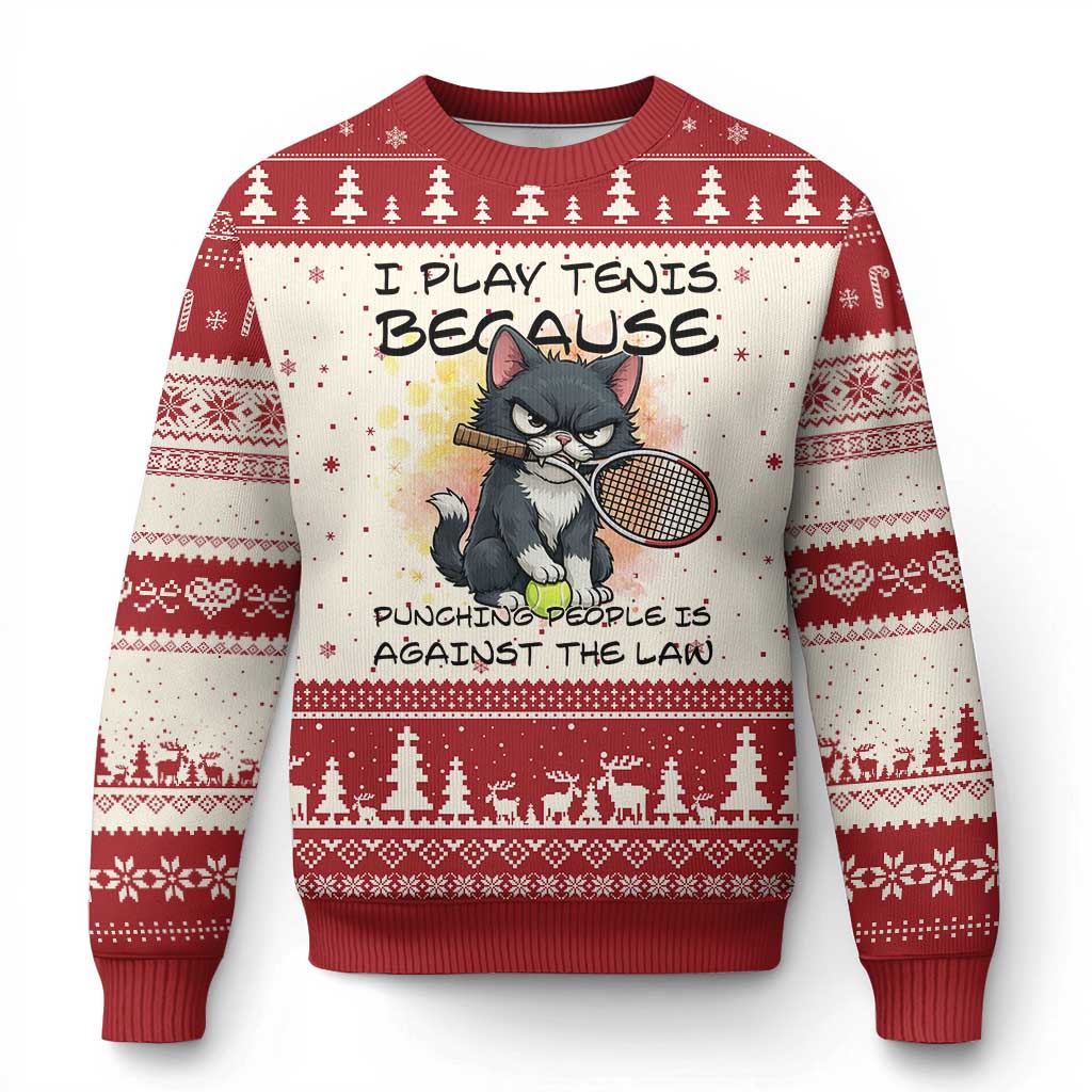 Funny Cat Plays Tennis Ugly Christmas Sweater Because Punching People Is Against The Law TS12 Beige Red Print Your Wear