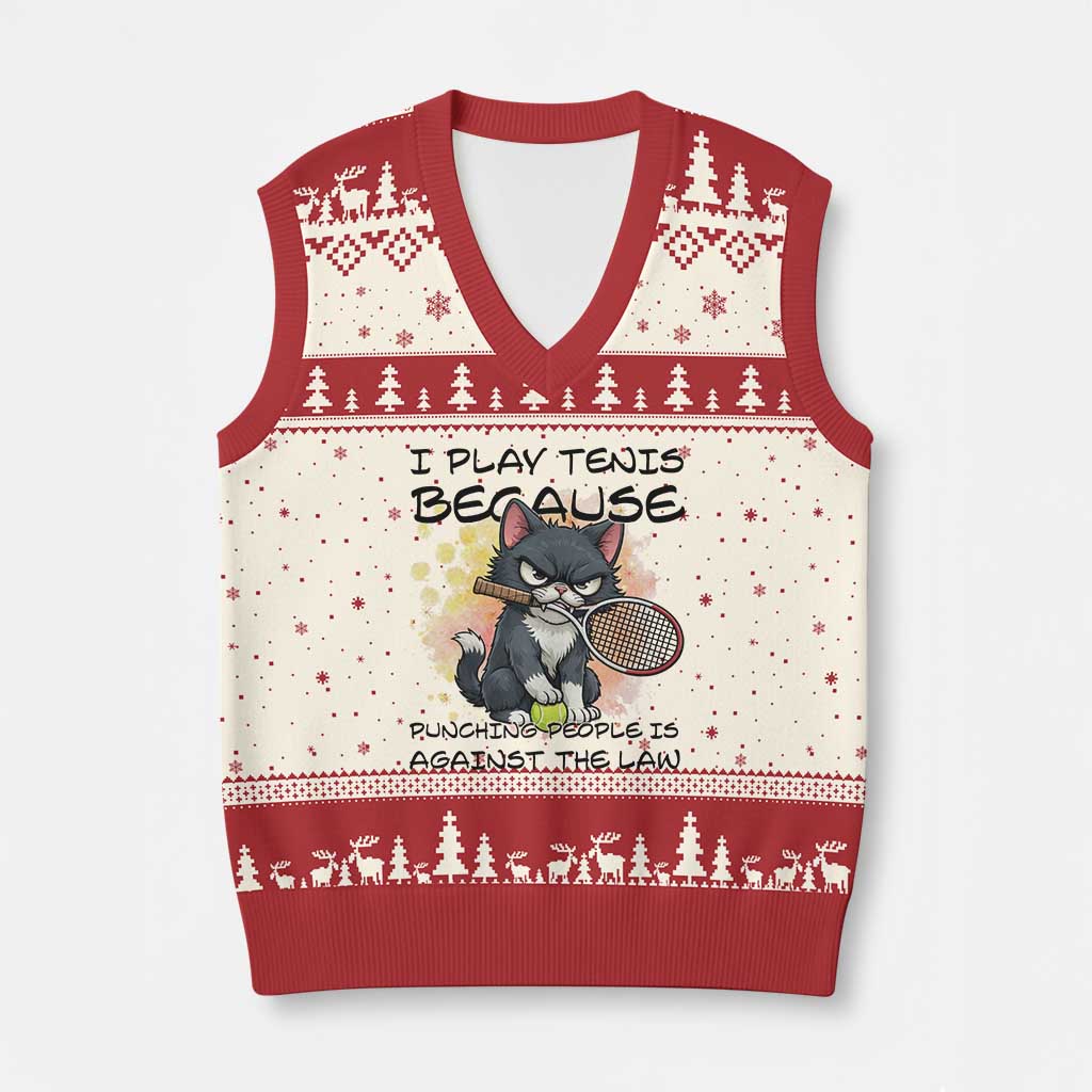 Funny Cat Plays Tennis V-Neck Knit Sweater Vest Because Punching People Is Against The Law TS12 Beige Red Print Your Wear