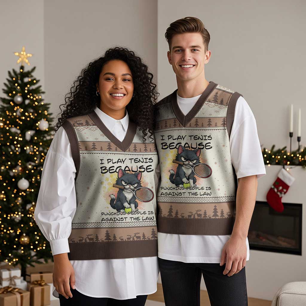 Funny Cat Plays Tennis V-Neck Knit Sweater Vest Because Punching People Is Against The Law TS12 Mocha Mousse Print Your Wear