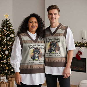 Funny Cat Plays Tennis V-Neck Knit Sweater Vest Because Punching People Is Against The Law TS12 Mocha Mousse Print Your Wear