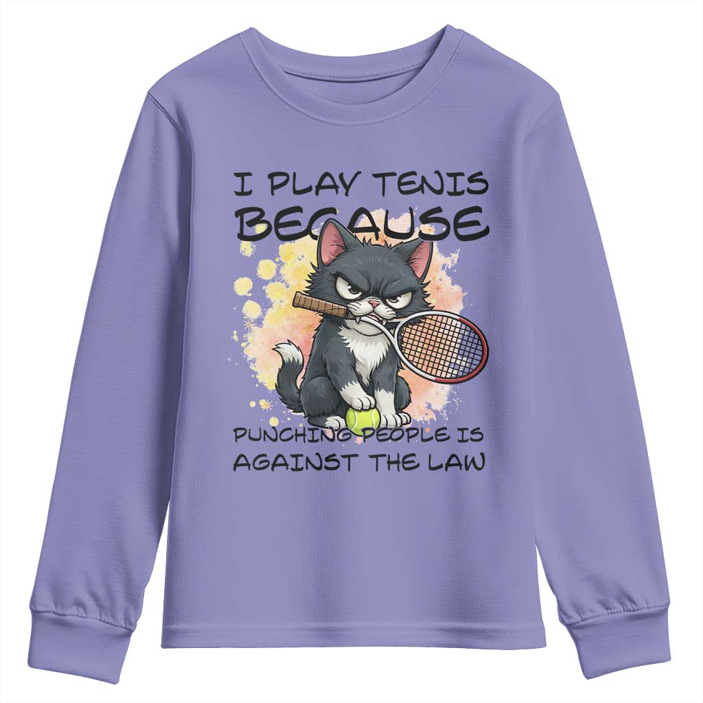 Funny Cat Plays Tennis Youth Sweatshirt Because Punching People Is Against The Law TS12 Violet Print Your Wear