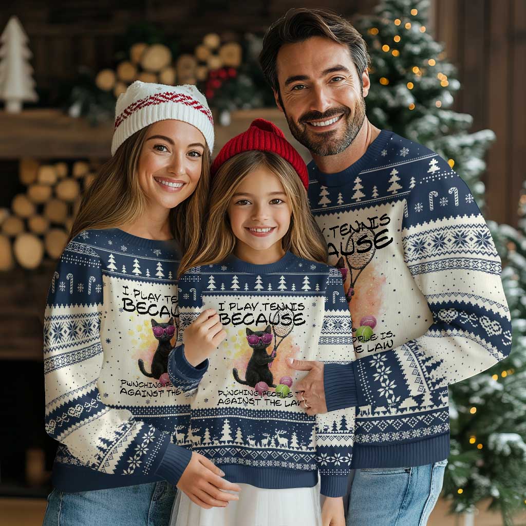 Because Punching People Is Against The Law Ugly Christmas Sweater Funny Tennis Cat Gift TS12 Beige Navy Print Your Wear