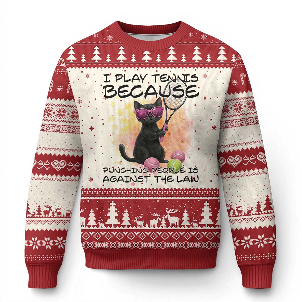 Because Punching People Is Against The Law Ugly Christmas Sweater Funny Tennis Cat Gift TS12 Beige Red Print Your Wear