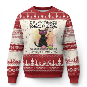 Because Punching People Is Against The Law Ugly Christmas Sweater Funny Tennis Cat Gift TS12 Beige Red Print Your Wear