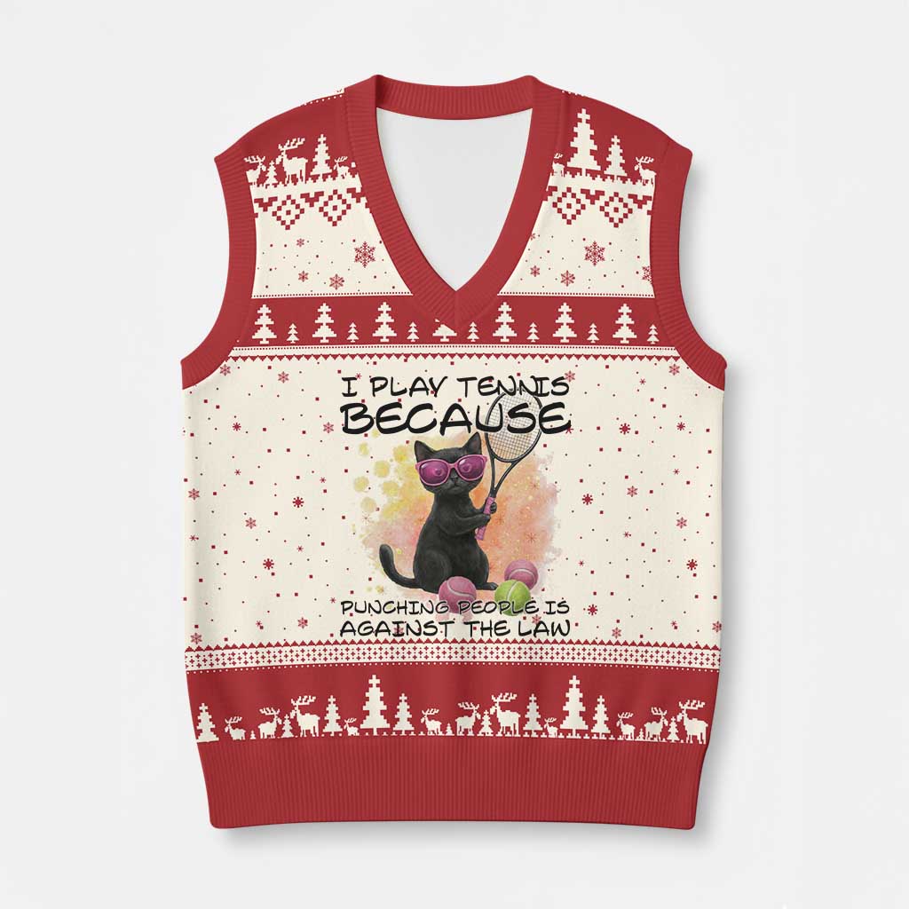 Because Punching People Is Against The Law V-Neck Knit Sweater Vest Funny Tennis Cat Gift TS12 Beige Red Print Your Wear