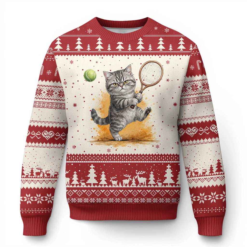 Funny Grumpy Cat Tennis Player Ugly Christmas Sweater Gift For Tennis Fans TS12 Beige Red Print Your Wear