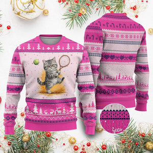 Funny Grumpy Cat Tennis Player Ugly Christmas Sweater Gift For Tennis Fans TS12 Hot Pink Print Your Wear