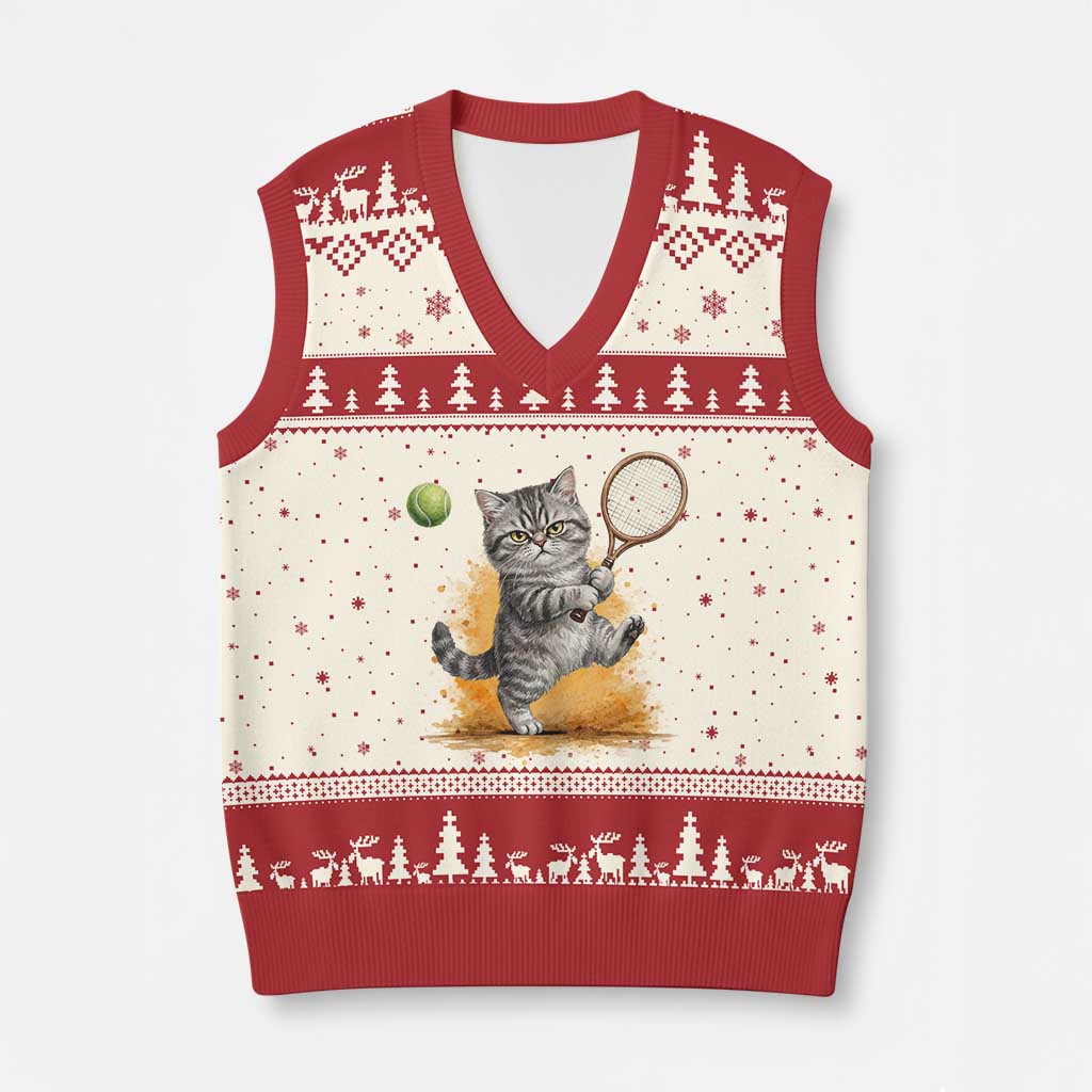Funny Grumpy Cat Tennis Player V-Neck Knit Sweater Vest Gift For Tennis Fans TS12 Beige Red Print Your Wear