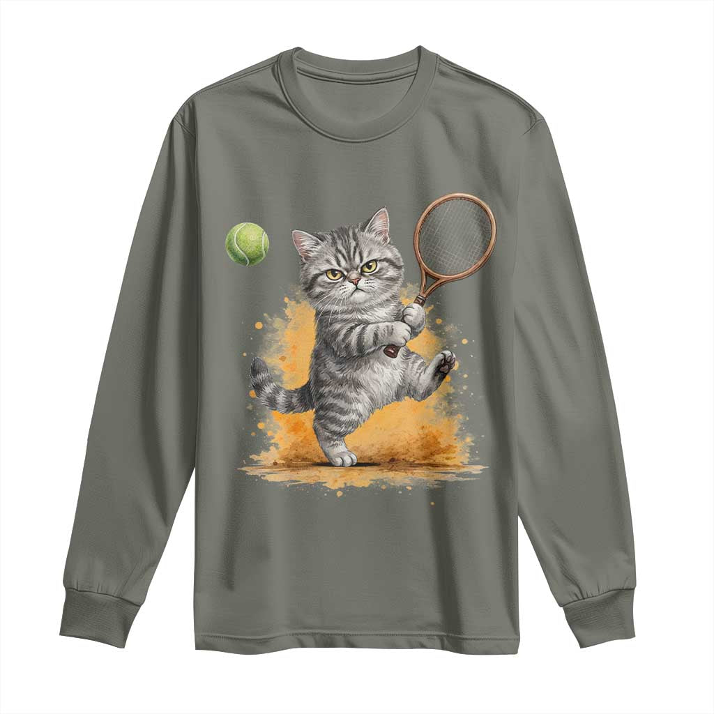 Funny Grumpy Cat Tennis Player Long Sleeve Shirt Gift For Tennis Fans TS12 Military Green Print Your Wear