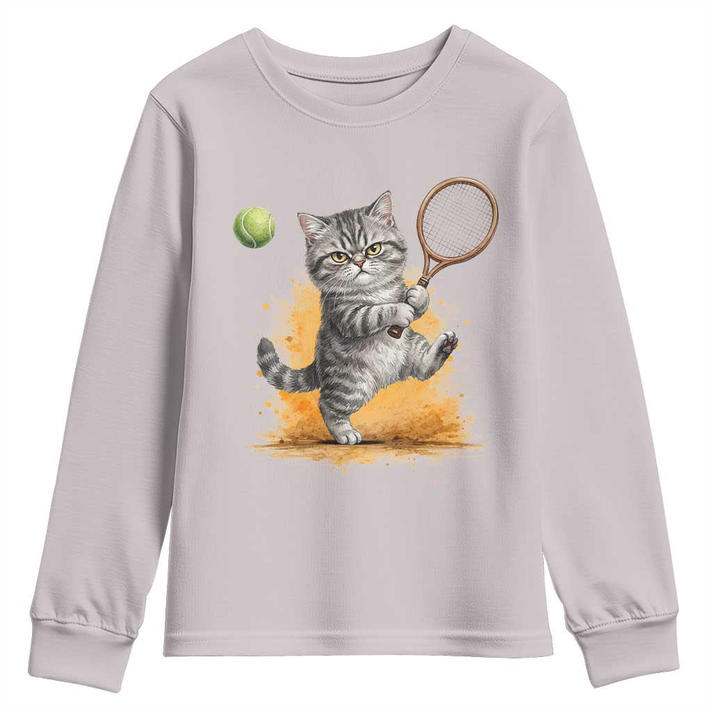 Funny Grumpy Cat Tennis Player Youth Sweatshirt Gift For Tennis Fans TS12 Ice Gray Print Your Wear