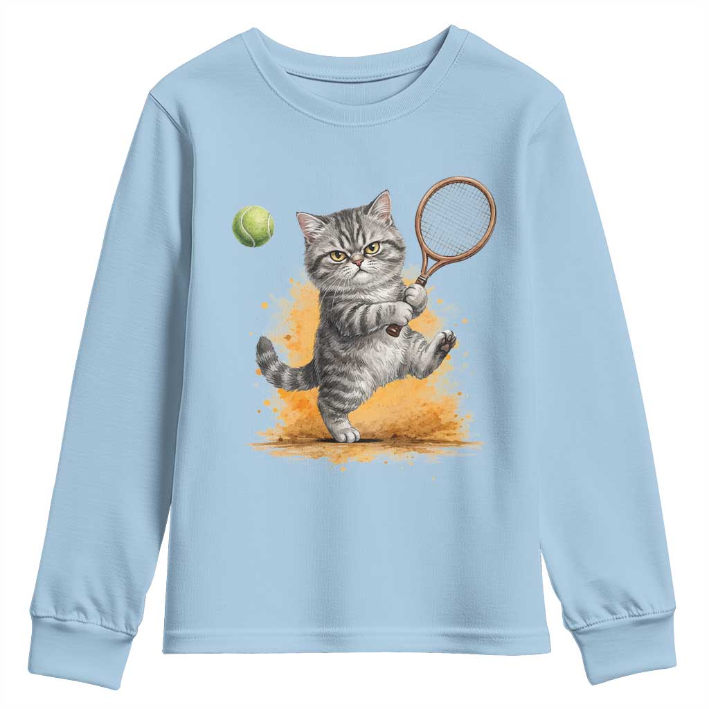 Funny Grumpy Cat Tennis Player Youth Sweatshirt Gift For Tennis Fans TS12 Light Blue Print Your Wear