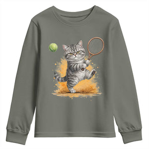 Funny Grumpy Cat Tennis Player Youth Sweatshirt Gift For Tennis Fans TS12 Military Green Print Your Wear