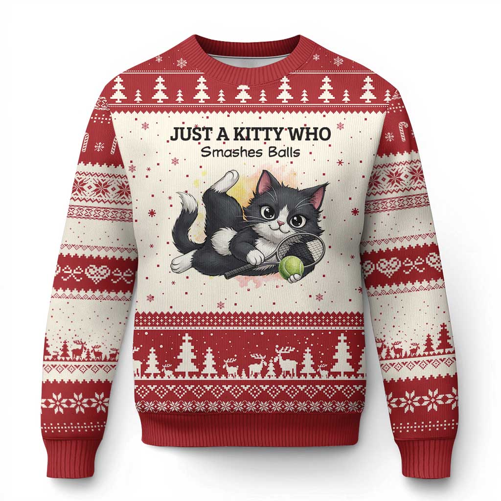Just A Kitty Who Smashes Balls Ugly Christmas Sweater Funny Tennis Cat Gift TS12 Beige Red Print Your Wear