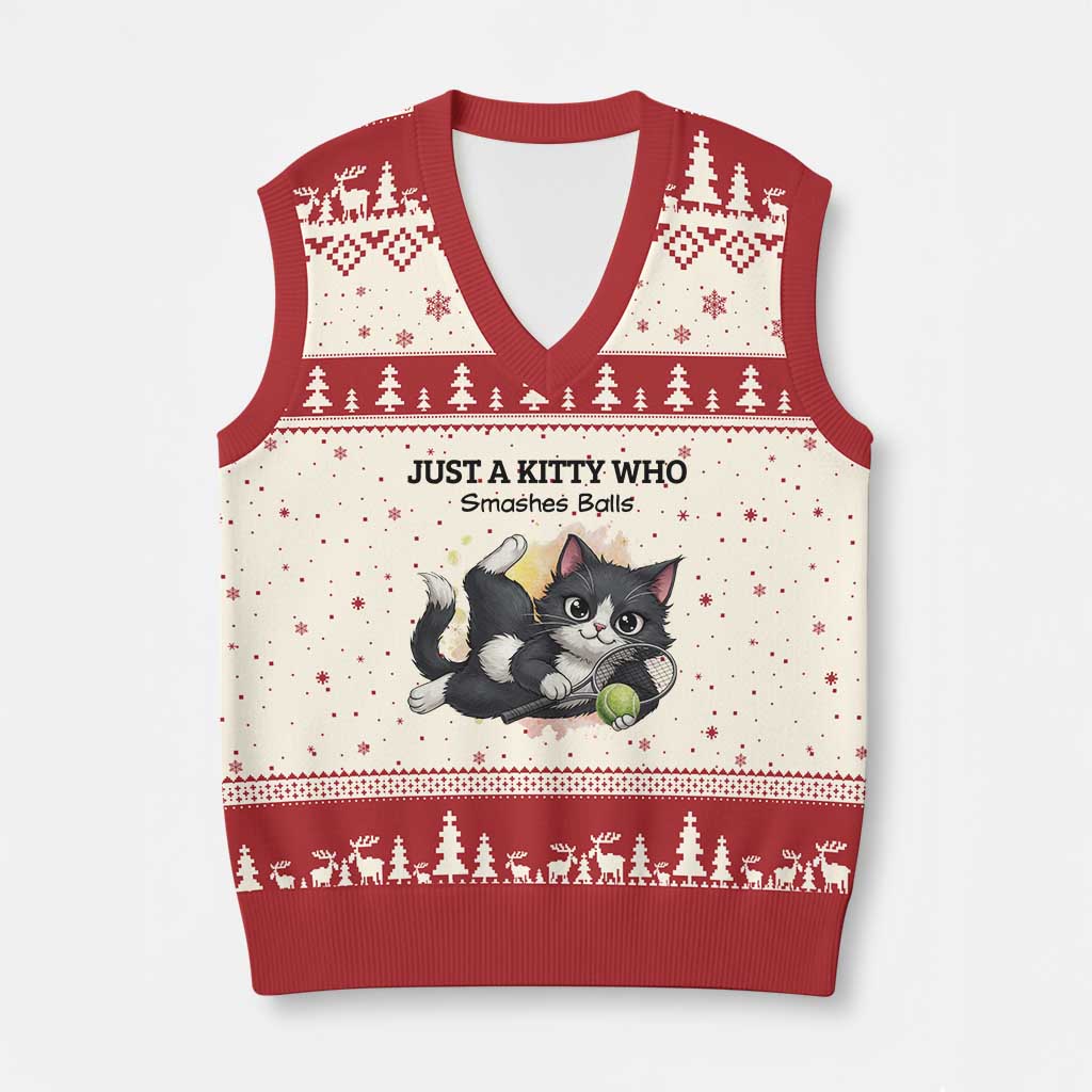 Just A Kitty Who Smashes Balls V-Neck Knit Sweater Vest Funny Tennis Cat Gift TS12 Beige Red Print Your Wear