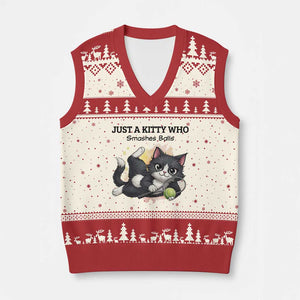 Just A Kitty Who Smashes Balls V-Neck Knit Sweater Vest Funny Tennis Cat Gift TS12 Beige Red Print Your Wear
