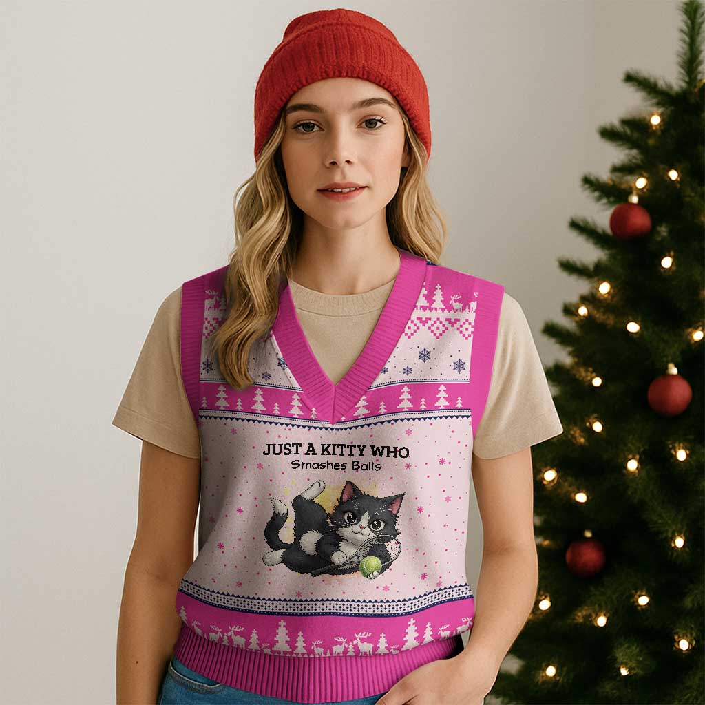 Just A Kitty Who Smashes Balls V-Neck Knit Sweater Vest Funny Tennis Cat Gift TS12 Hot Pink Print Your Wear