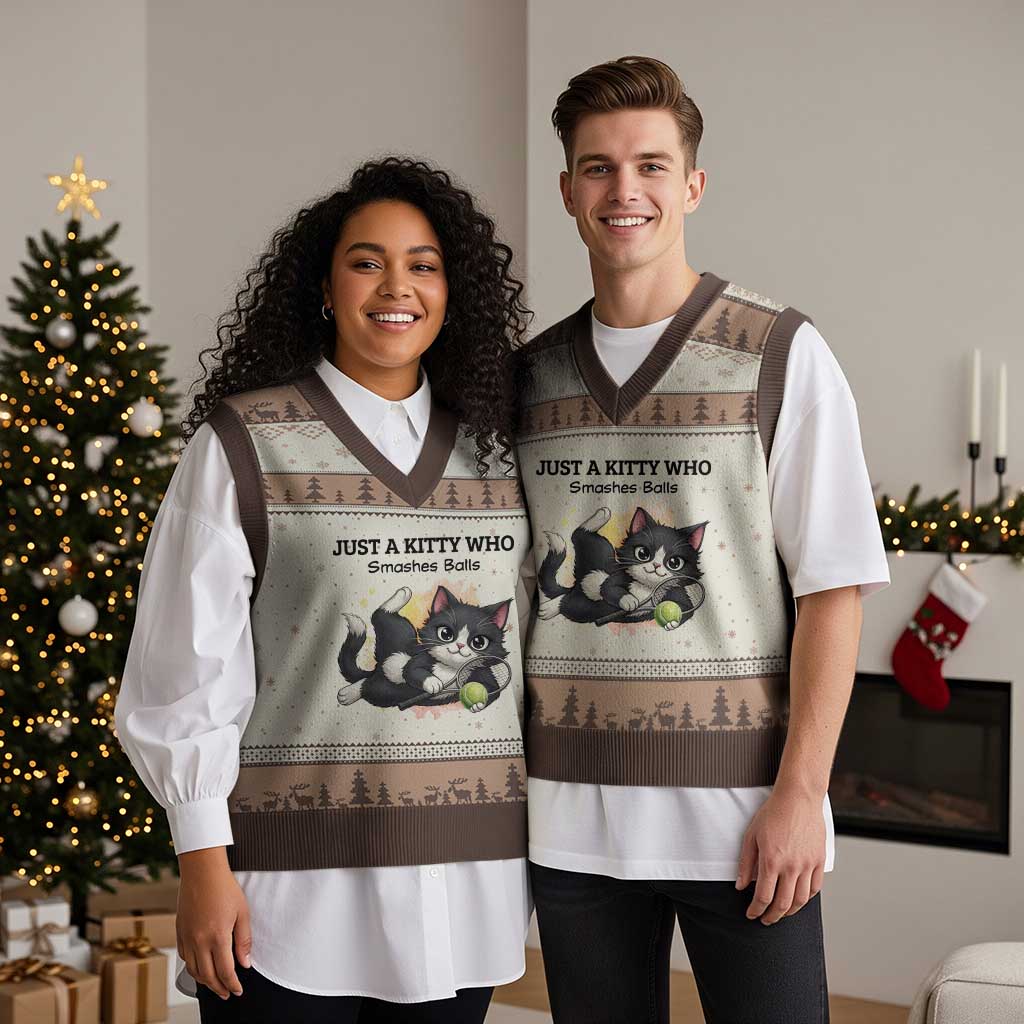 Just A Kitty Who Smashes Balls V-Neck Knit Sweater Vest Funny Tennis Cat Gift TS12 Mocha Mousse Print Your Wear