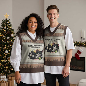 Just A Kitty Who Smashes Balls V-Neck Knit Sweater Vest Funny Tennis Cat Gift TS12 Mocha Mousse Print Your Wear