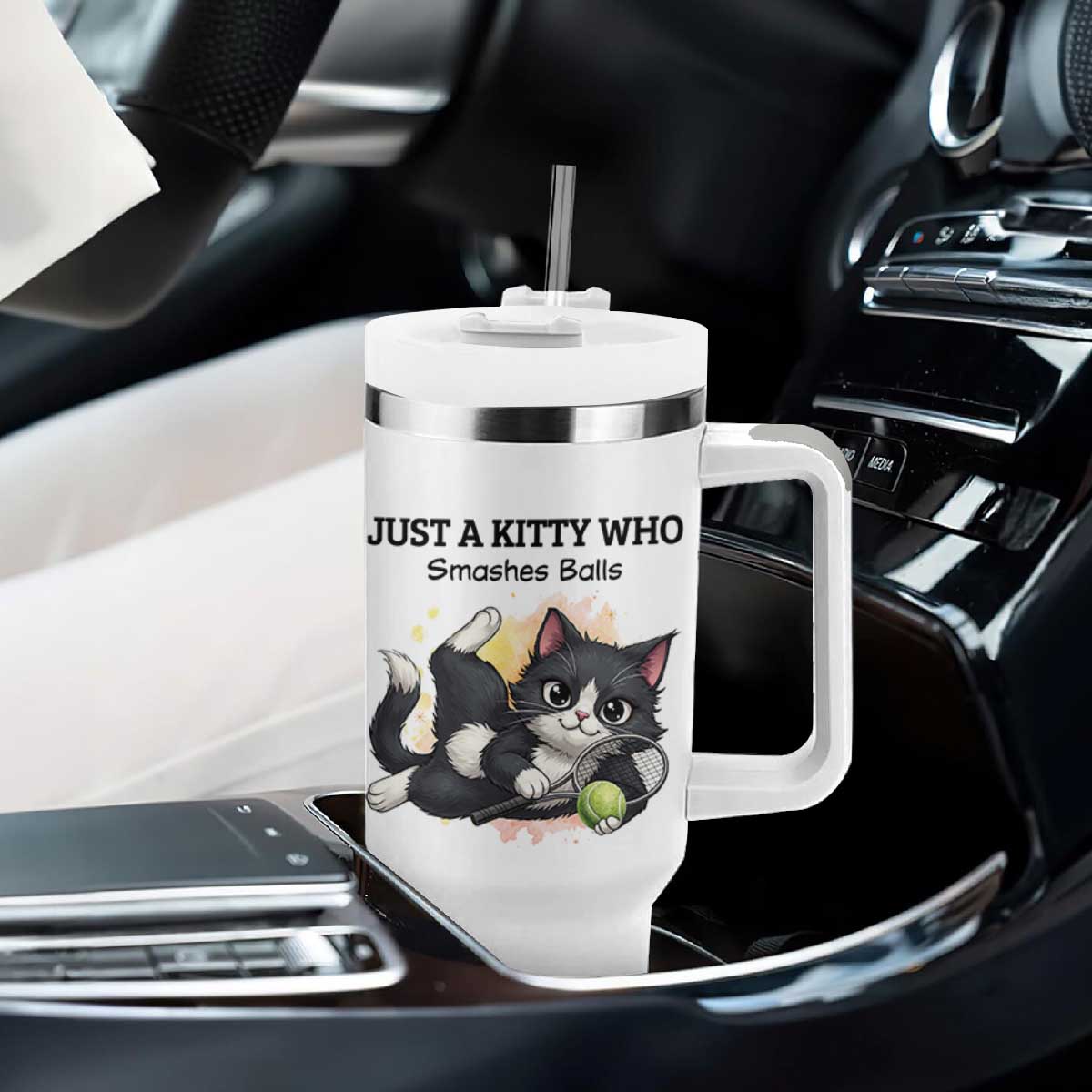 Just A Kitty Who Smashes Balls Tumbler With Handle Funny Tennis Cat Gift TS12 Print Your Wear