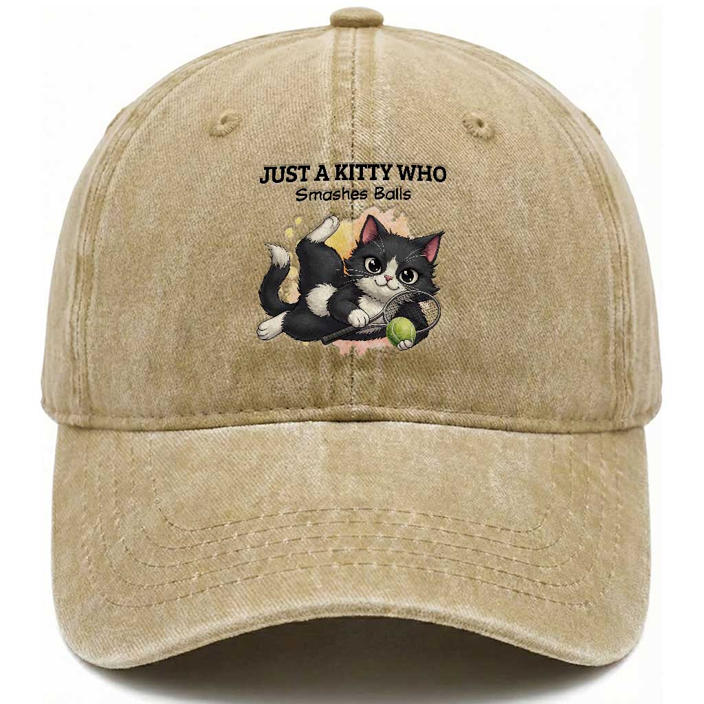 Just A Kitty Who Smashes Balls Washed Cotton Baseball Cap Funny Tennis Cat Gift TS12 Print Your Wear