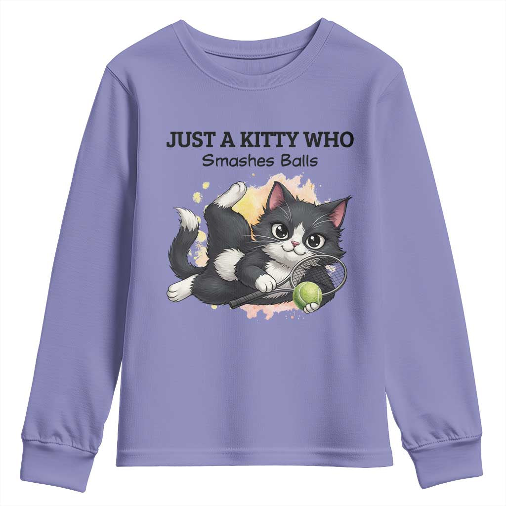 Just A Kitty Who Smashes Balls Youth Sweatshirt Funny Tennis Cat Gift TS12 Violet Print Your Wear