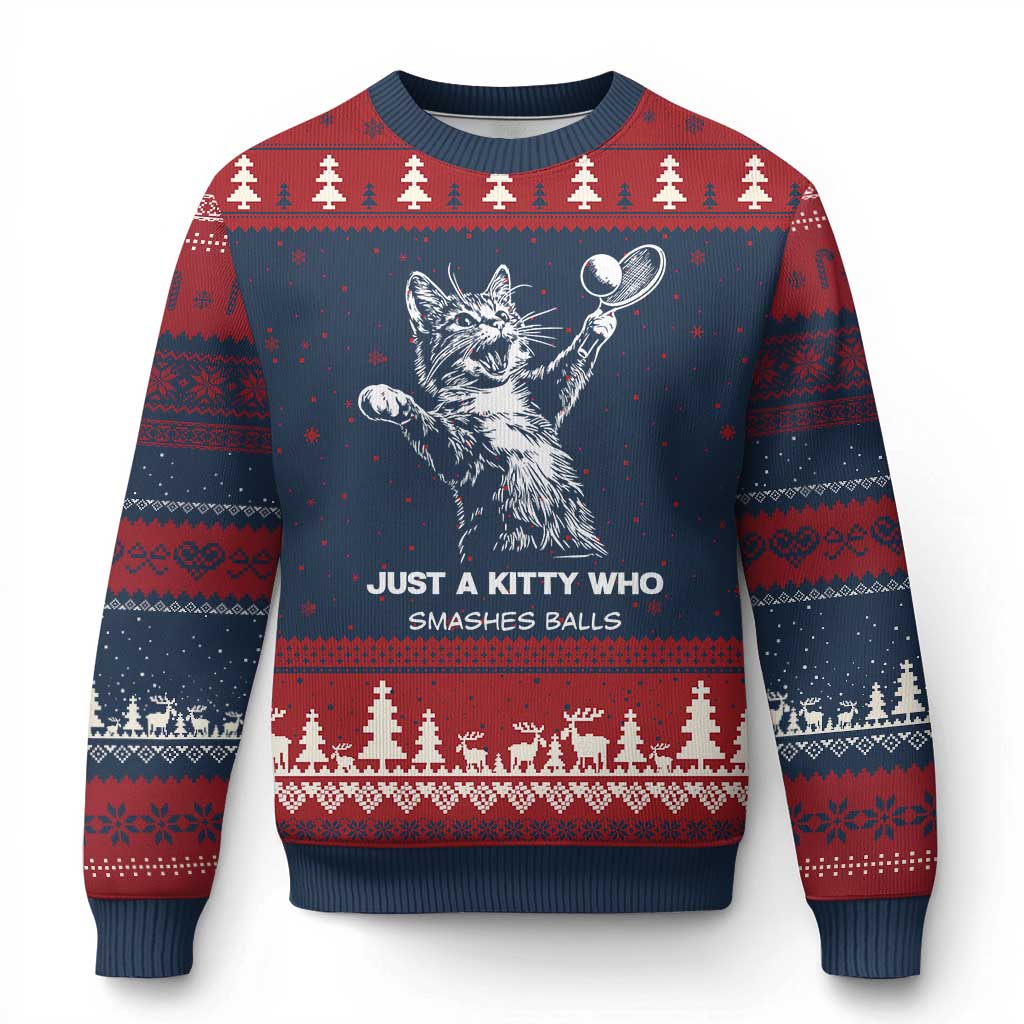 Funny Cat Plays Tennis Ugly Christmas Sweater Just A Kitty Who Smashes Balls TS12 Navy Red Print Your Wear