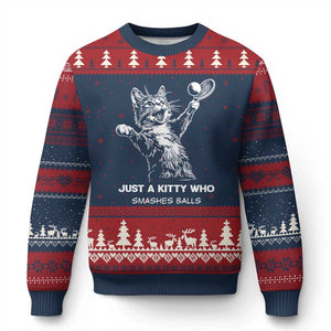 Funny Cat Plays Tennis Ugly Christmas Sweater Just A Kitty Who Smashes Balls TS12 Navy Red Print Your Wear