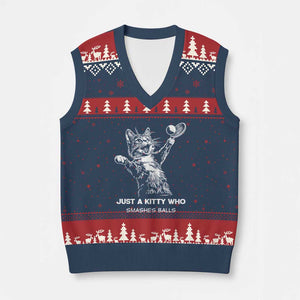 Funny Cat Plays Tennis V-Neck Knit Sweater Vest Just A Kitty Who Smashes Balls TS12 Navy Red Print Your Wear
