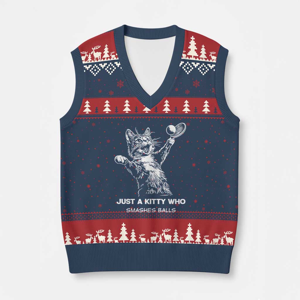 Funny Cat Plays Tennis V-Neck Knit Sweater Vest Just A Kitty Who Smashes Balls TS12 Navy Red Print Your Wear