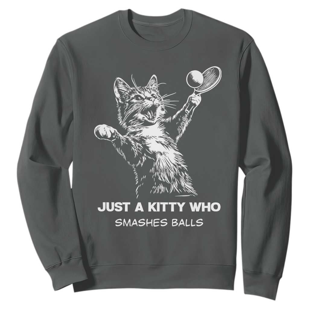 Funny Cat Plays Tennis Sweatshirt Just A Kitty Who Smashes Balls TS12 Dark Heather Print Your Wear