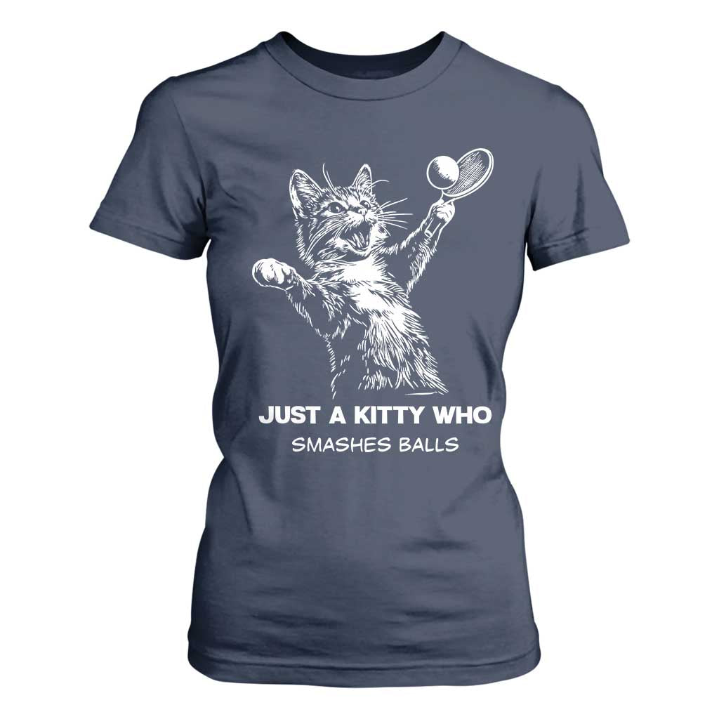 Funny Cat Plays Tennis T Shirt For Women Just A Kitty Who Smashes Balls TS12 Navy Print Your Wear