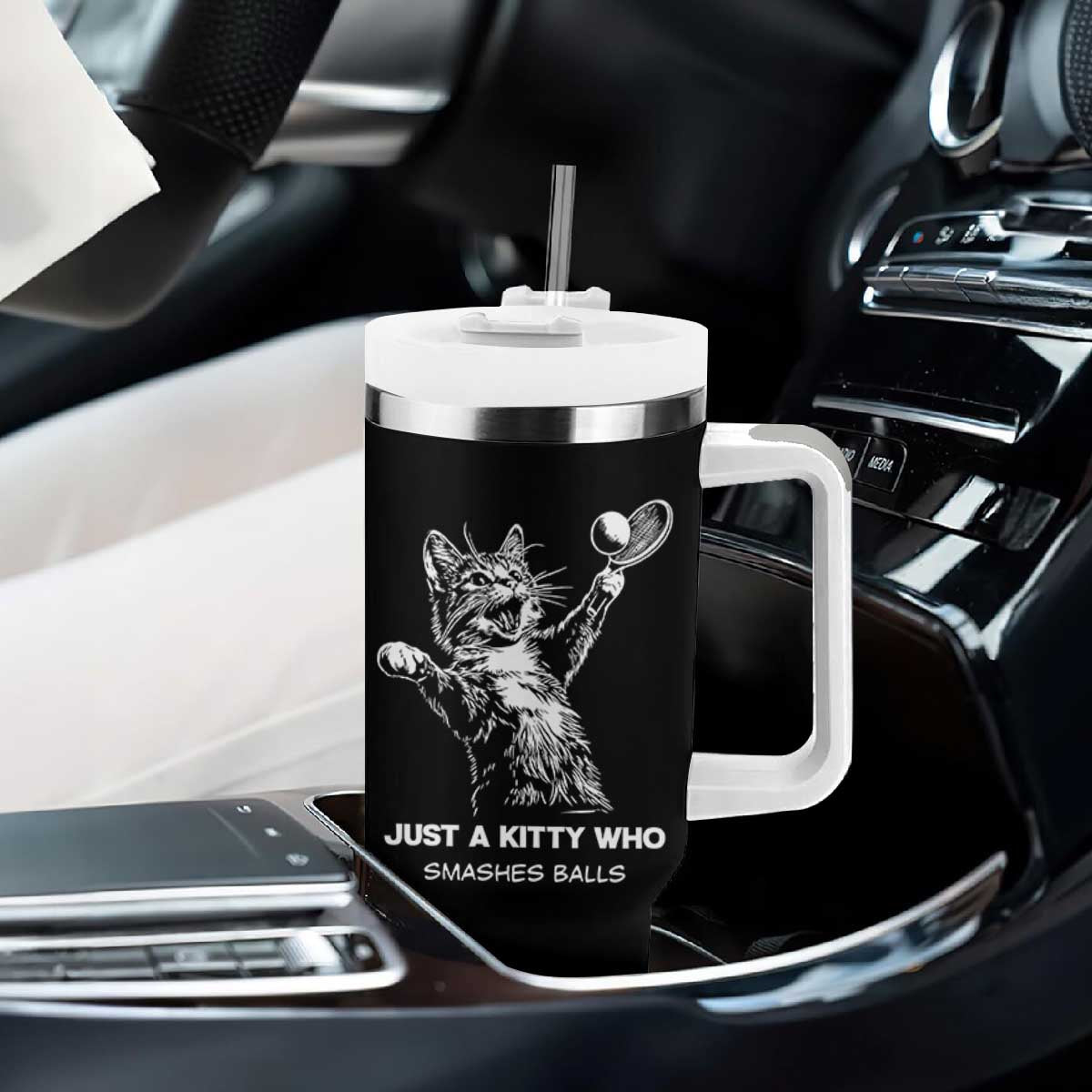 Funny Cat Plays Tennis Tumbler With Handle Just A Kitty Who Smashes Balls TS12 Print Your Wear