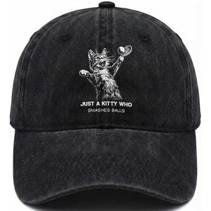 Funny Cat Plays Tennis Washed Cotton Baseball Cap Just A Kitty Who Smashes Balls TS12 Print Your Wear