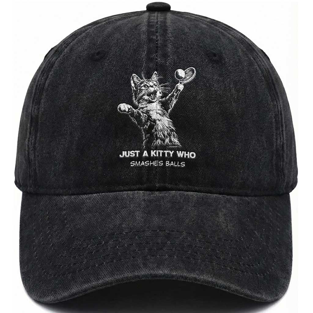 Funny Cat Plays Tennis Washed Cotton Baseball Cap Just A Kitty Who Smashes Balls TS12 Print Your Wear