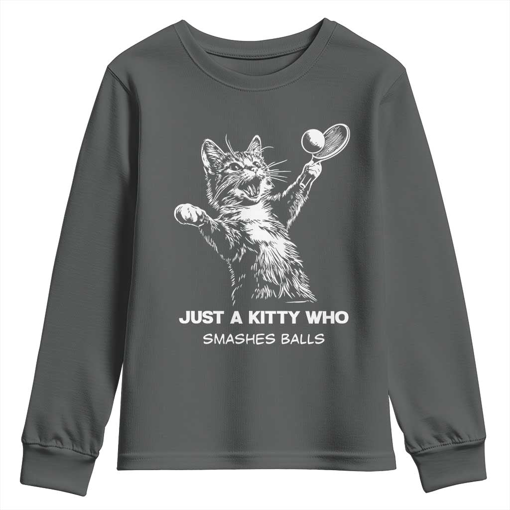 Funny Cat Plays Tennis Youth Sweatshirt Just A Kitty Who Smashes Balls TS12 Dark Heather Print Your Wear