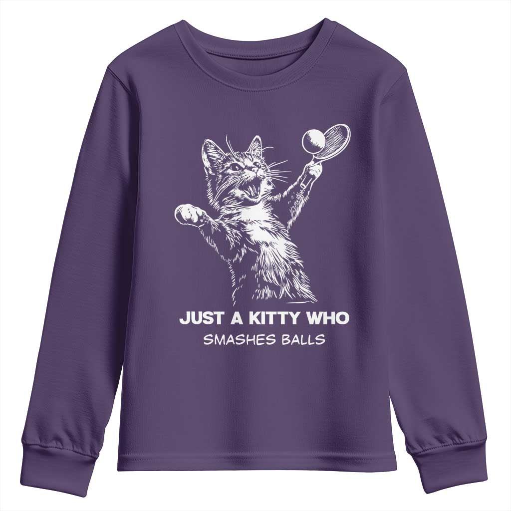 Funny Cat Plays Tennis Youth Sweatshirt Just A Kitty Who Smashes Balls TS12 Purple Print Your Wear