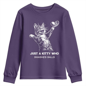 Funny Cat Plays Tennis Youth Sweatshirt Just A Kitty Who Smashes Balls TS12 Purple Print Your Wear
