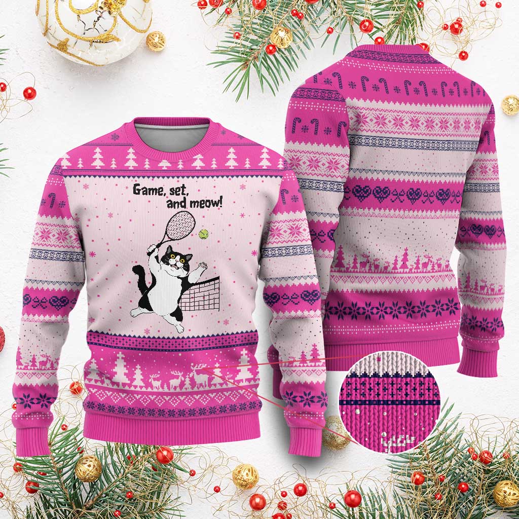 Funny Chubby Cat Tennis Ugly Christmas Sweater Game Set And Meow TS12 Hot Pink Print Your Wear