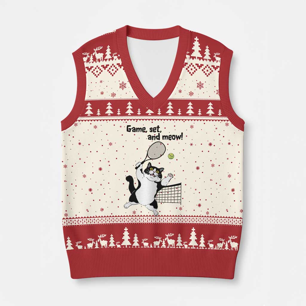 Funny Chubby Cat Tennis V-Neck Knit Sweater Vest Game Set And Meow TS12 Beige Red Print Your Wear