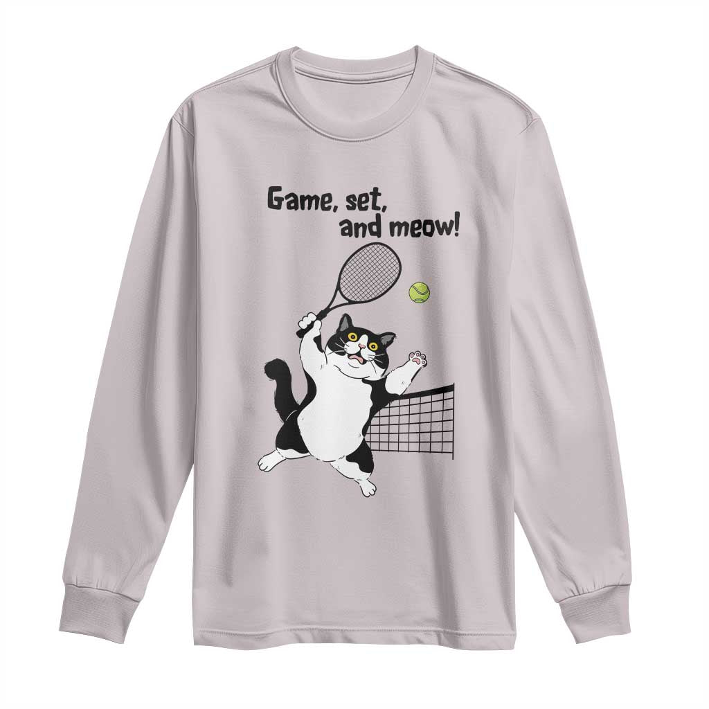 Funny Chubby Cat Tennis Long Sleeve Shirt Game Set And Meow TS12 Ice Gray Print Your Wear