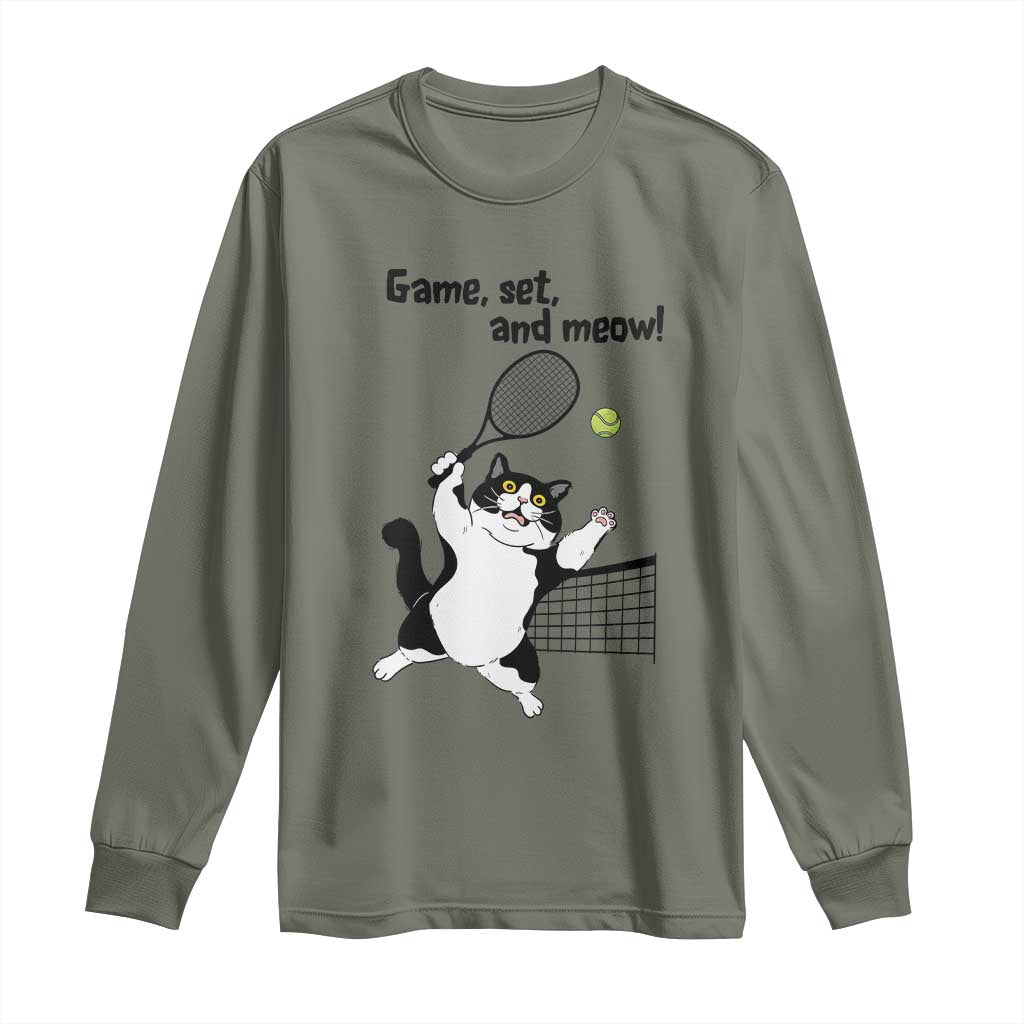 Funny Chubby Cat Tennis Long Sleeve Shirt Game Set And Meow TS12 Military Green Print Your Wear
