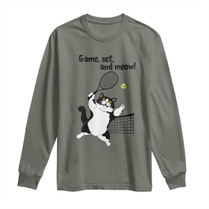 Funny Chubby Cat Tennis Long Sleeve Shirt Game Set And Meow TS12 Military Green Print Your Wear